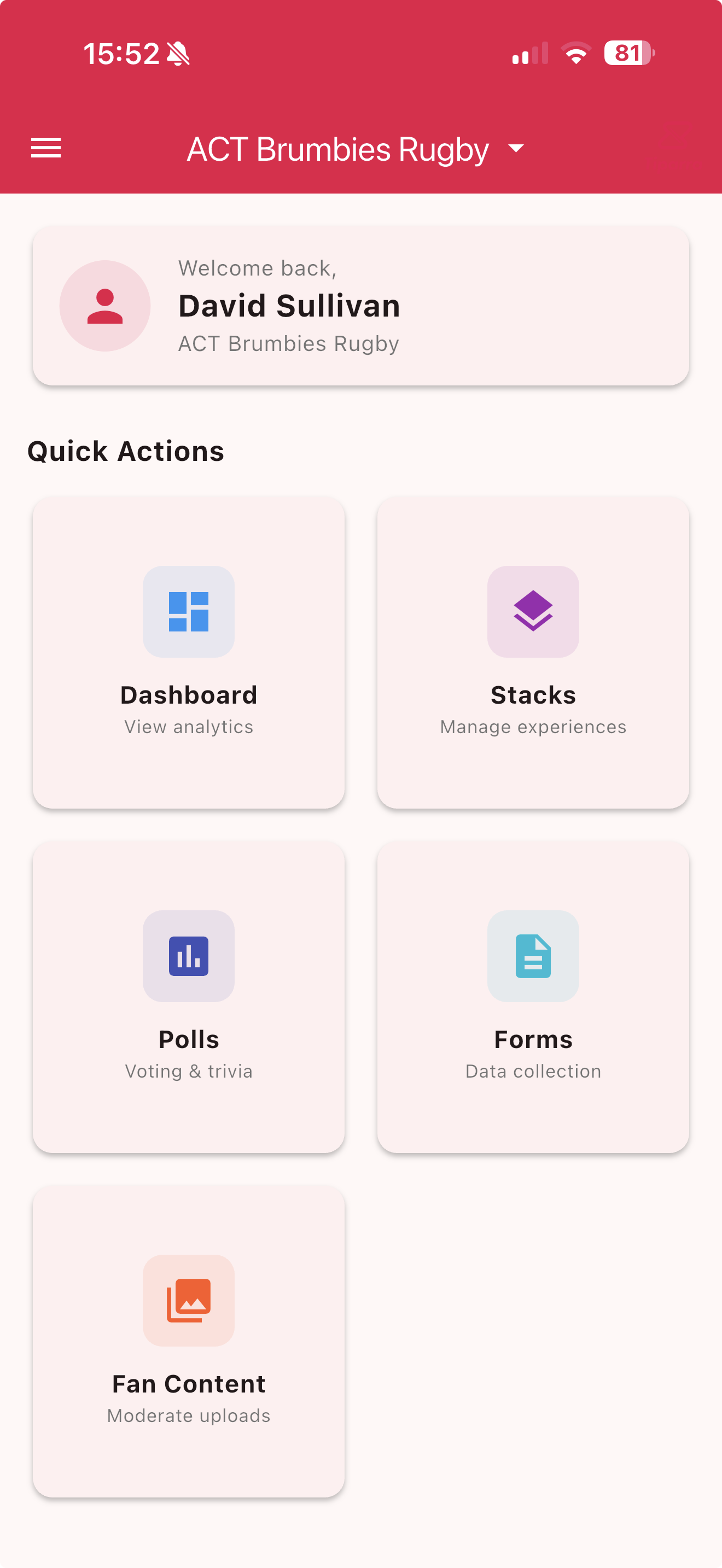 Admin CMS — quick actions dashboard