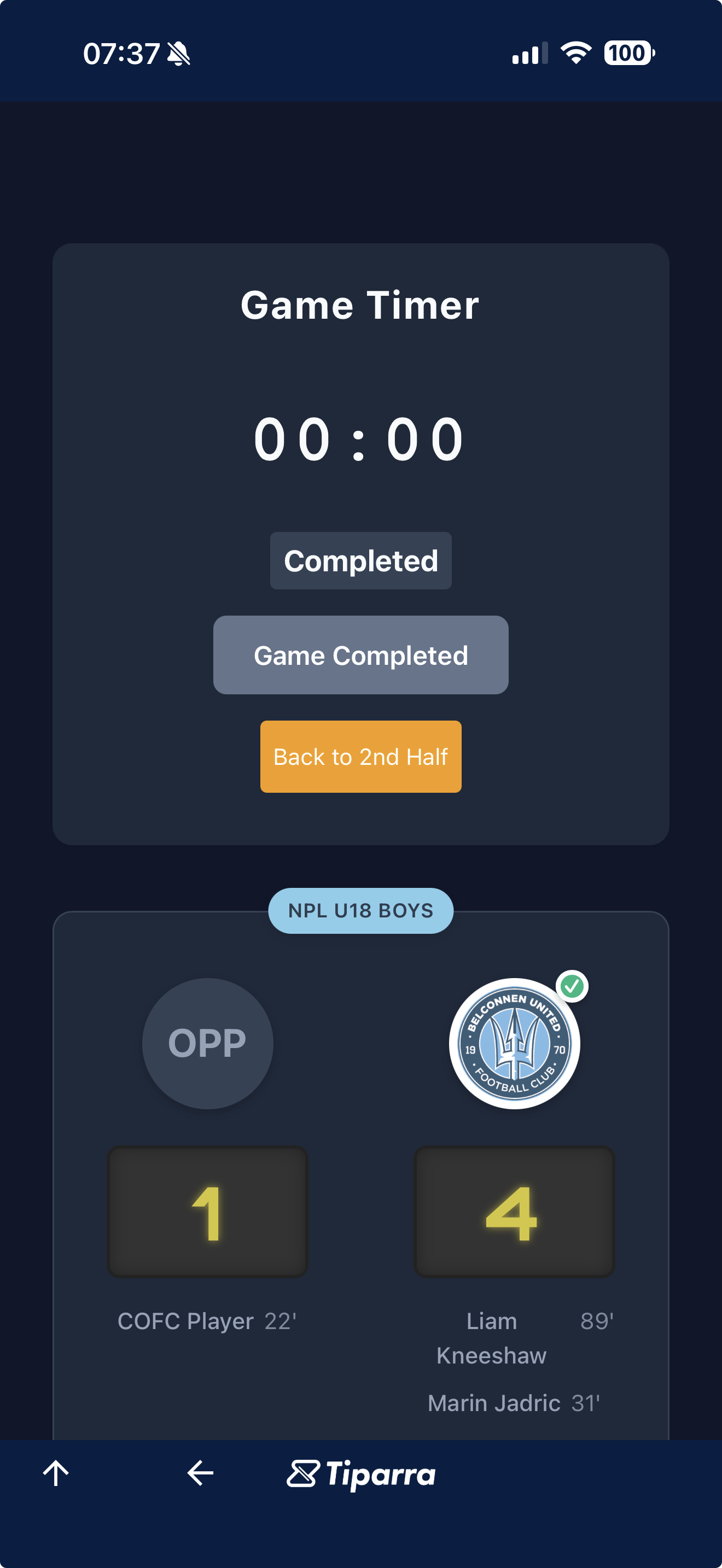 Tiparra Match Centre: sideline scoring screen with live game timer and goal log