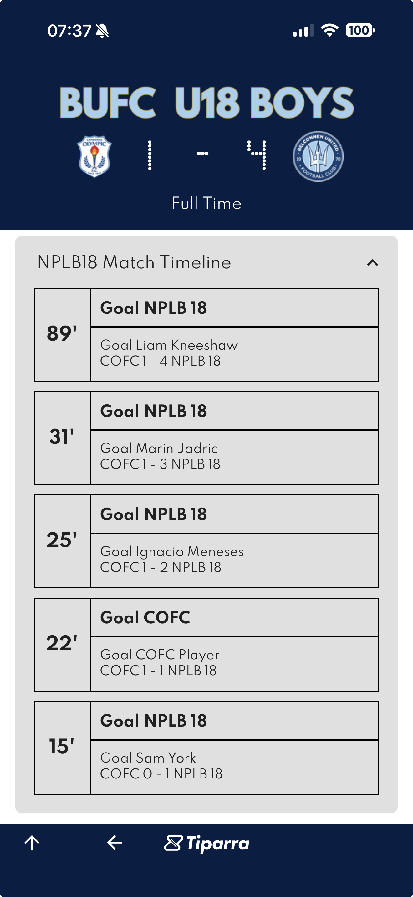 Tiparra Match Centre: live match feed in a supporter's club app, showing scores and goal timeline